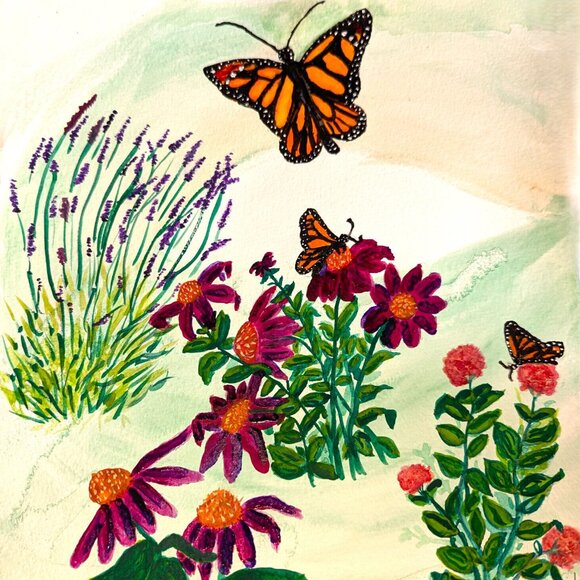 Original Watercolor Painting Monarch Waystation -Butterfly Kentucky Framed 17x21 - Picture 1 of 9